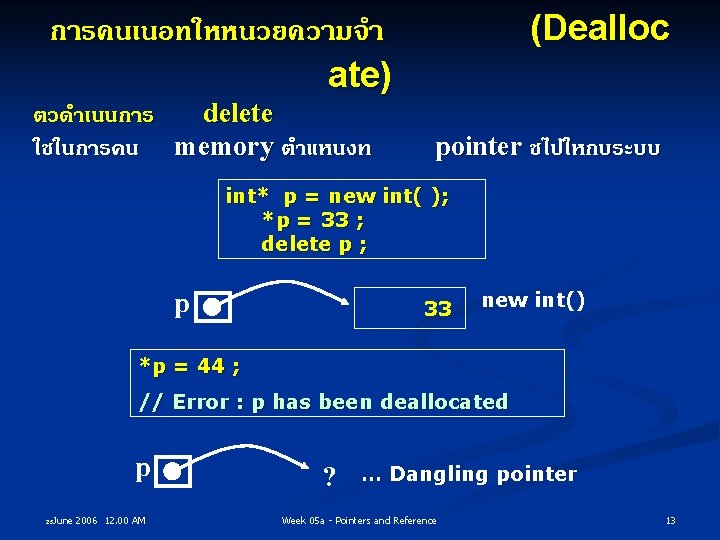 (Dealloc การคนเนอทใหหนวยความจำ ate) ตวดำเนนการ delete ใชในการคน memory ตำแหนงท pointer ชไปใหกบระบบ int* p = new