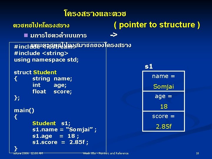 โครงสรางและตวช ตวชทชไปทโครงสราง ( pointer to structure ) n มการใชตวดำเนนการ -> แทนตวชทชไปยงสมาชกของโครงสราง #include <iostream> #include