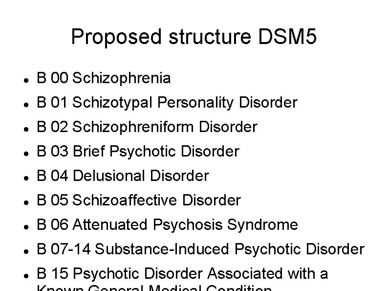 Proposed structure DSM 5 B 00 Schizophrenia B 01 Schizotypal Personality Disorder B 02