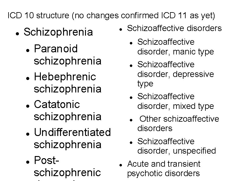 ICD 10 structure (no changes confirmed ICD 11 as yet) Schizoaffective disorders Schizophrenia Paranoid