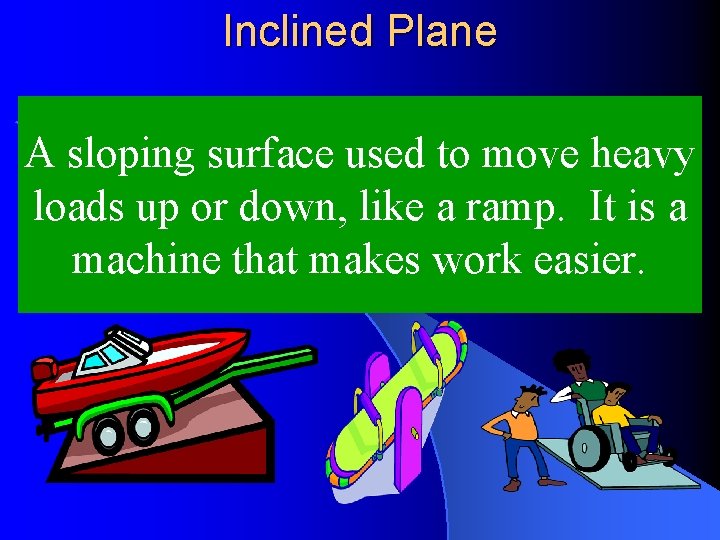 Inclined Plane A sloping surface used to move heavy loads up or down, like