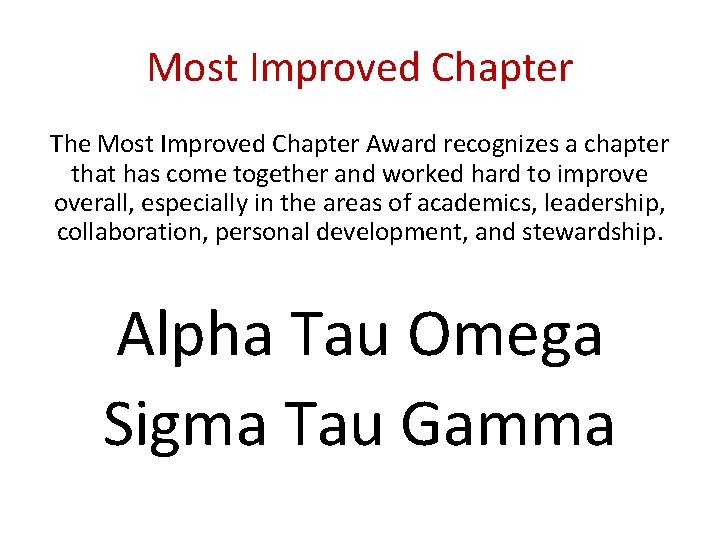 Most Improved Chapter The Most Improved Chapter Award recognizes a chapter that has come