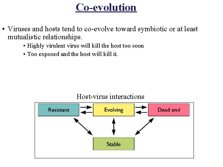 Co-evolution • Viruses and hosts tend to co-evolve toward symbiotic or at least mutualistic