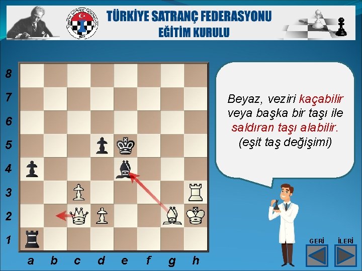 8 7 Beyaz, veziri kaçabilir veya başka bir taşı ile saldıran taşı alabilir. (eşit