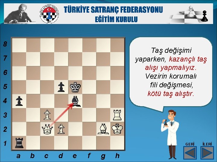 8 Taş değişimi yaparken, kazançlı taş alışı yapmalıyız. Vezirin korumalı fili değişmesi, kötü taş