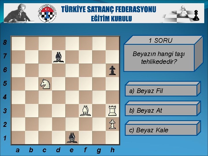 8 1 SORU 7 Beyazın hangi taşı tehlikededir? 6 5 a) Beyaz Fil 4