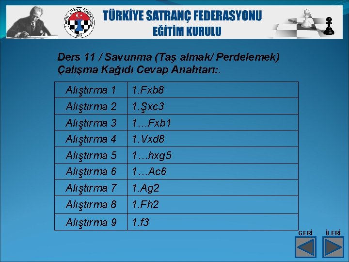 Ders 11 / Savunma (Taş almak/ Perdelemek) Çalışma Kağıdı Cevap Anahtarı: . Alıştırma 1