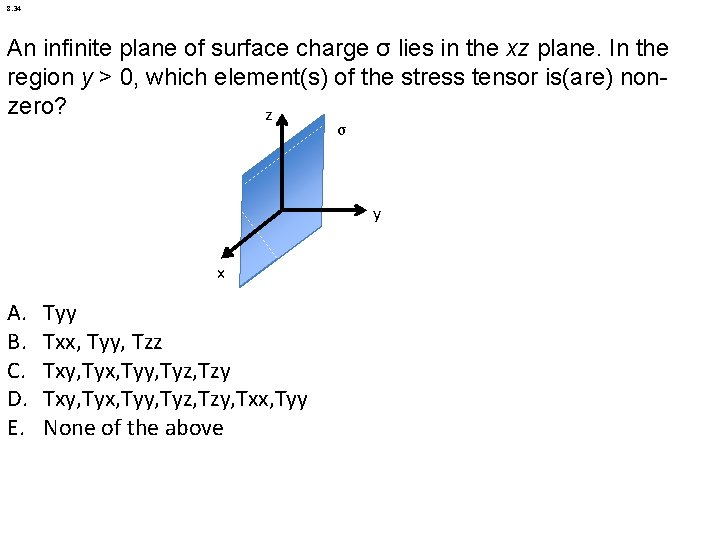 8. 34 An infinite plane of surface charge σ lies in the xz plane.