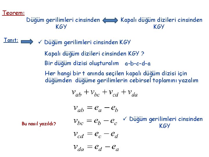 Teorem: Tanıt: Düğüm gerilimleri cinsinden KGY Kapalı düğüm dizileri cinsinden KGY ü Düğüm gerilimleri