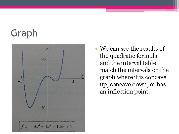 Graph • We can see the results of the quadratic formula and the interval