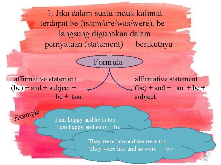 1. Jika dalam suatu induk kalimat terdapat be (is/am/are/was/were), be langsung digunakan dalam pernyataan