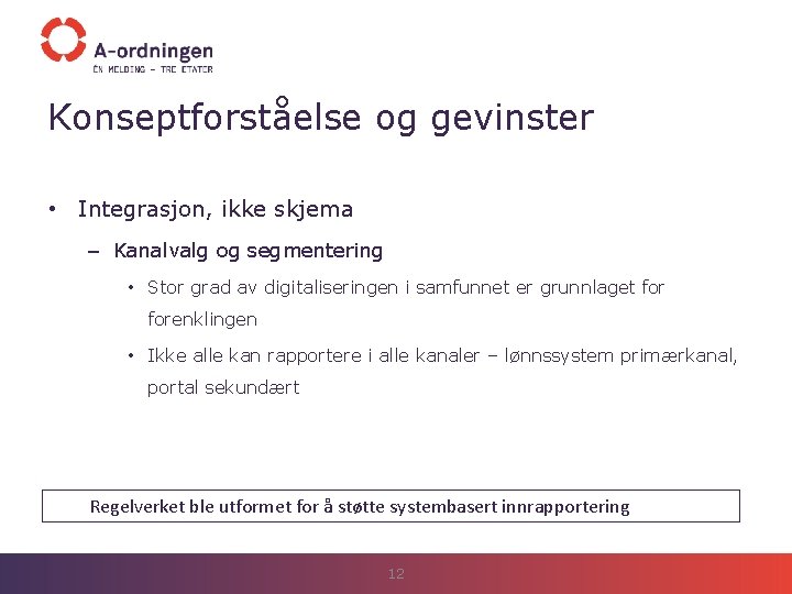 Konseptforståelse og gevinster • Integrasjon, ikke skjema – Kanalvalg og segmentering • Stor grad