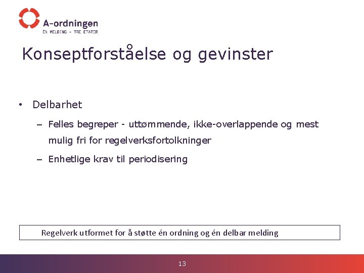 Konseptforståelse og gevinster • Delbarhet – Felles begreper - uttømmende, ikke-overlappende og mest mulig