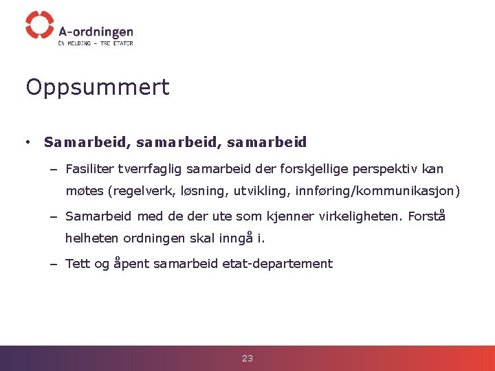 Oppsummert • Samarbeid, samarbeid – Fasiliter tverrfaglig samarbeid der forskjellige perspektiv kan møtes (regelverk,