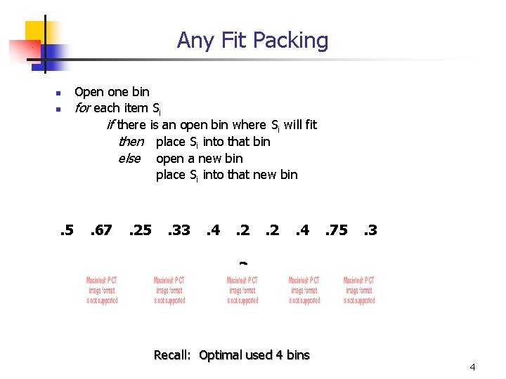 Any Fit Packing n n . 5 Open one bin for each item Si