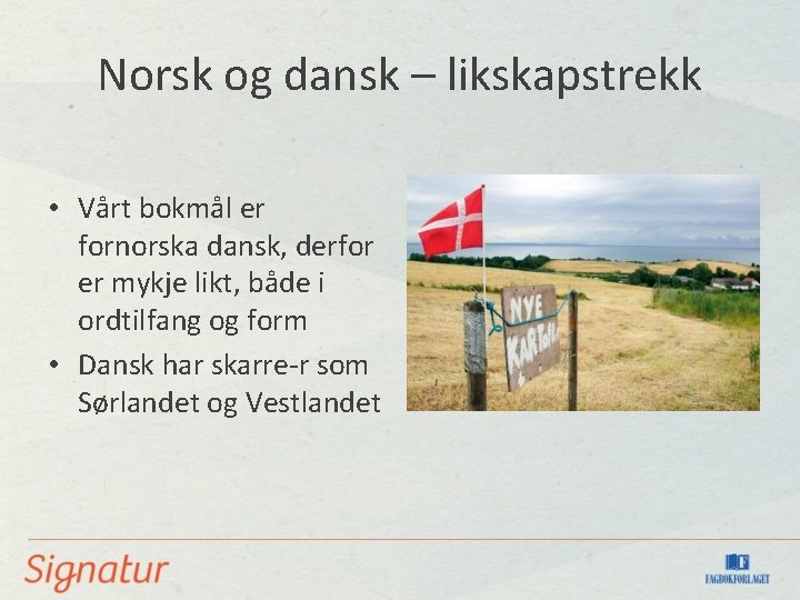 Norsk og dansk – likskapstrekk • Vårt bokmål er fornorska dansk, derfor er mykje Norsk og dansk – likskapstrekk • Vårt bokmål er fornorska dansk, derfor er mykje