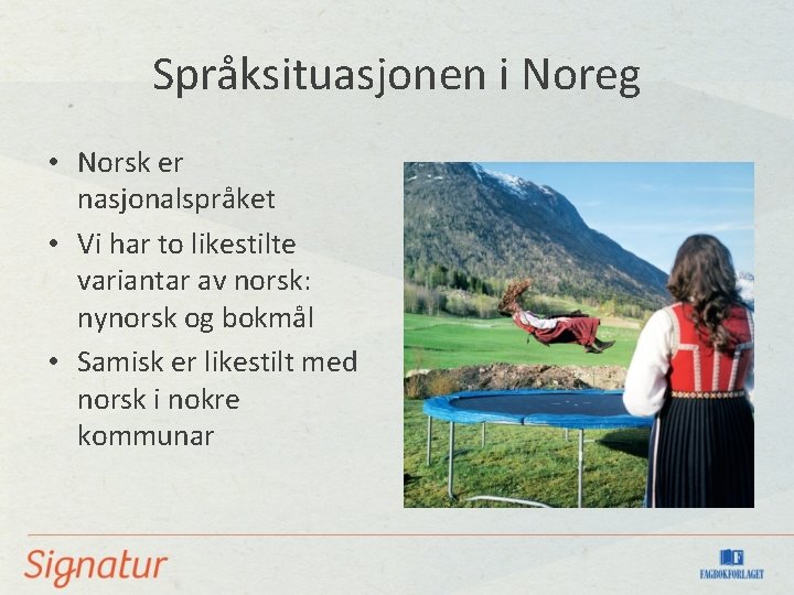 Språksituasjonen i Noreg • Norsk er nasjonalspråket • Vi har to likestilte variantar av