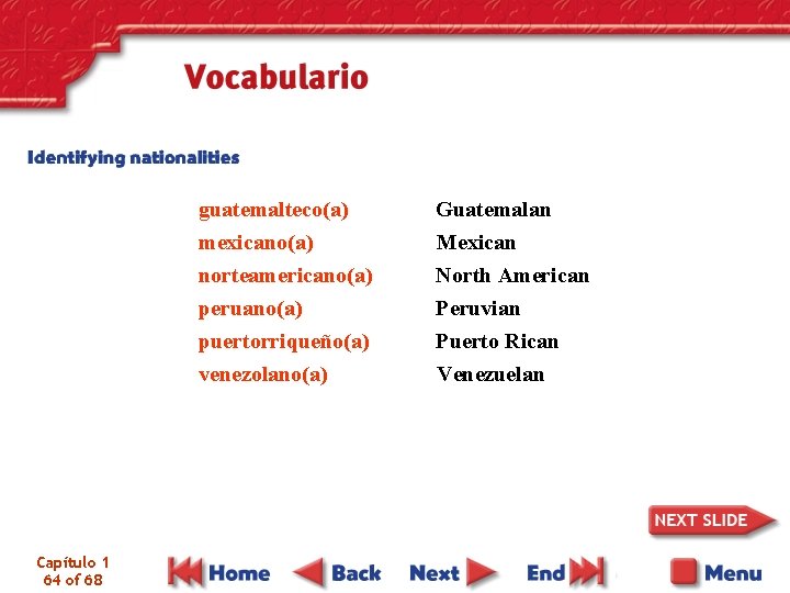 guatemalteco(a) mexicano(a) norteamericano(a) peruano(a) puertorriqueño(a) venezolano(a) Capítulo 1 64 of 68 Guatemalan Mexican North