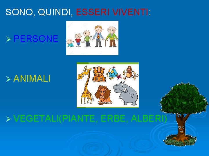 SONO, QUINDI, ESSERI VIVENTI: Ø PERSONE Ø ANIMALI Ø VEGETALI(PIANTE, ERBE, ALBERI) 