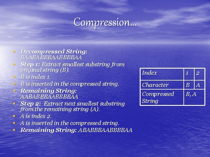 Compression… • Decompressed String: • • BAABABBBAABBBBAA Step 1: Extract smallest substring from original