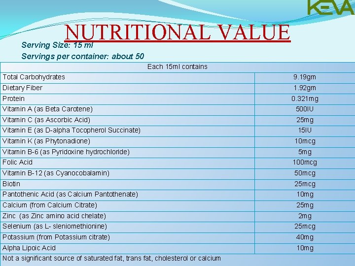 NUTRITIONAL VALUE Serving Size: 15 ml Servings per container: about 50 Each 15 ml