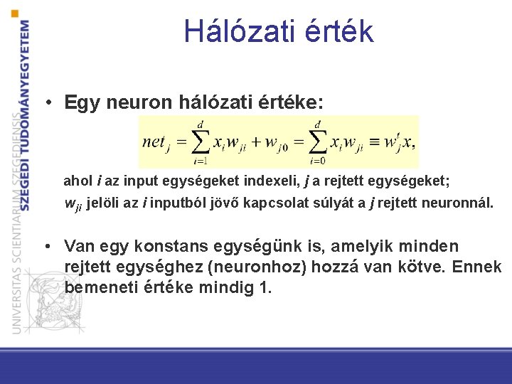 Hálózati érték • Egy neuron hálózati értéke: ahol i az input egységeket indexeli, j