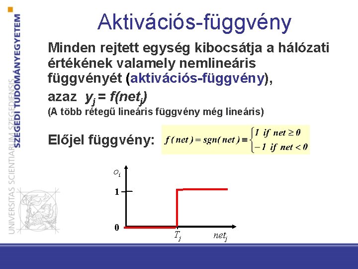 Aktivációs-függvény Minden rejtett egység kibocsátja a hálózati értékének valamely nemlineáris függvényét (aktivációs-függvény), azaz yj