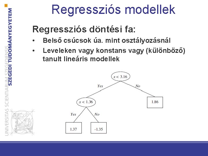 Regressziós modellek Regressziós döntési fa: • • Belső csúcsok úa. mint osztályozásnál Leveleken vagy