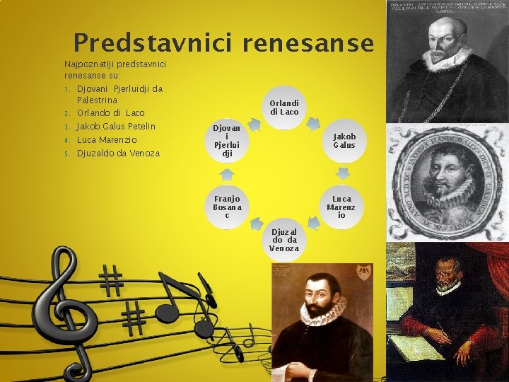 Predstavnici renesanse Najpoznatiji predstavnici renesanse su: 1. Djovani Pjerluidji da Palestrina 2. Orlando di