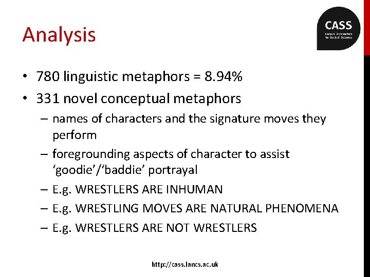 Analysis • 780 linguistic metaphors = 8. 94% • 331 novel conceptual metaphors –