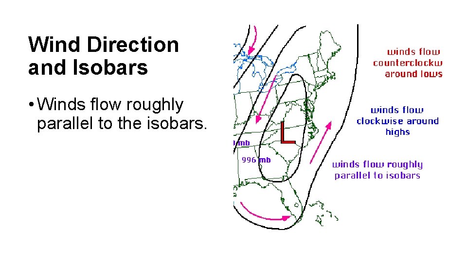 Wind Direction and Isobars • Winds flow roughly parallel to the isobars. 