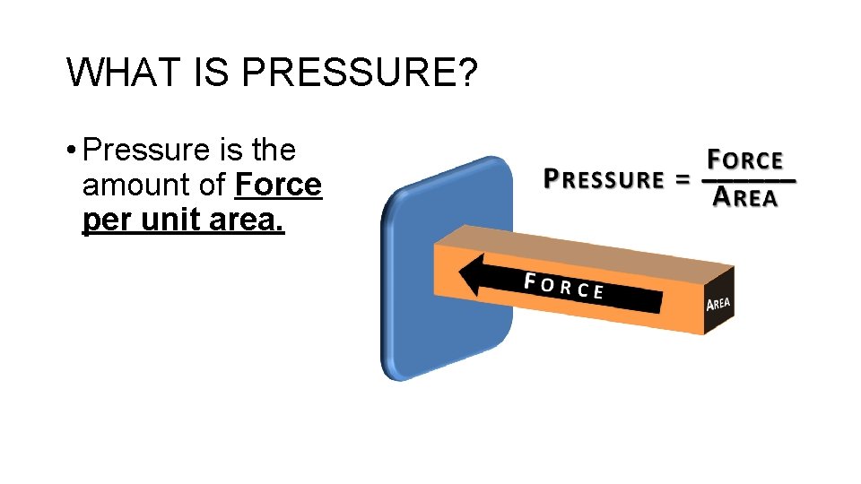 WHAT IS PRESSURE? • Pressure is the amount of Force per unit area. 