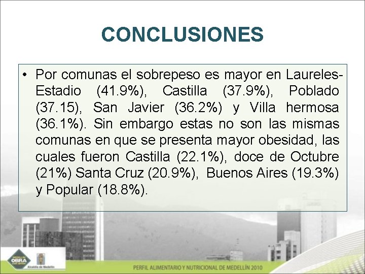 CONCLUSIONES • Por comunas el sobrepeso es mayor en Laureles. Estadio (41. 9%), Castilla