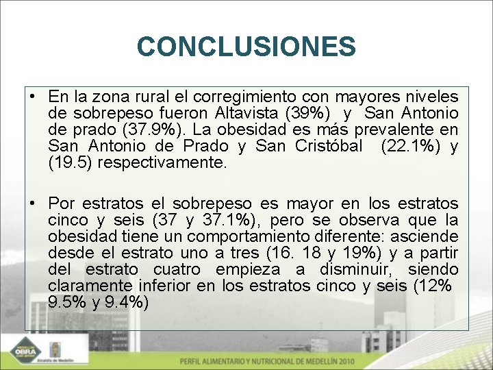 CONCLUSIONES • En la zona rural el corregimiento con mayores niveles de sobrepeso fueron