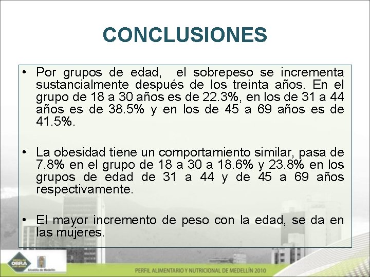 CONCLUSIONES • Por grupos de edad, el sobrepeso se incrementa sustancialmente después de los