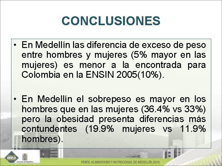 CONCLUSIONES • En Medellín las diferencia de exceso de peso entre hombres y mujeres