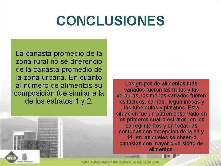 CONCLUSIONES La canasta promedio de la zona rural no se diferenció de la canasta