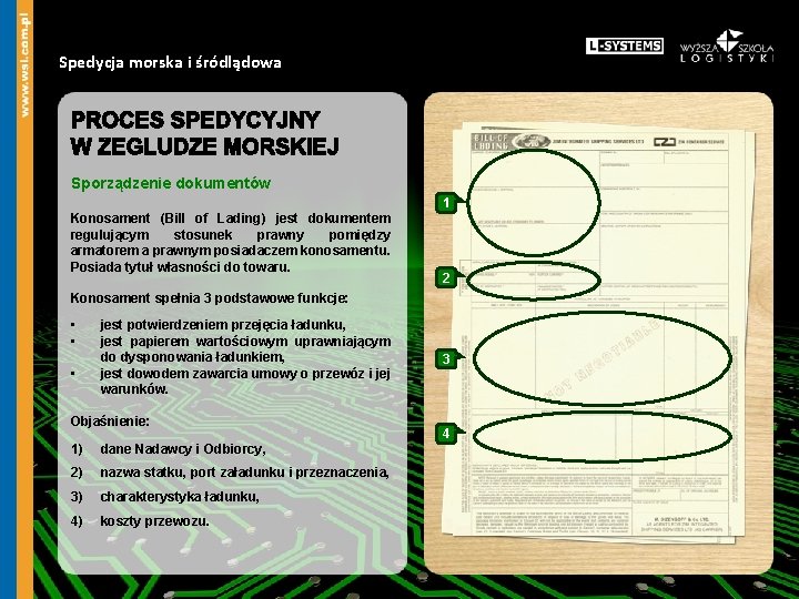 Spedycja morska i śródlądowa Sporządzenie dokumentów 1 Konosament (Bill of Lading) jest dokumentem regulującym