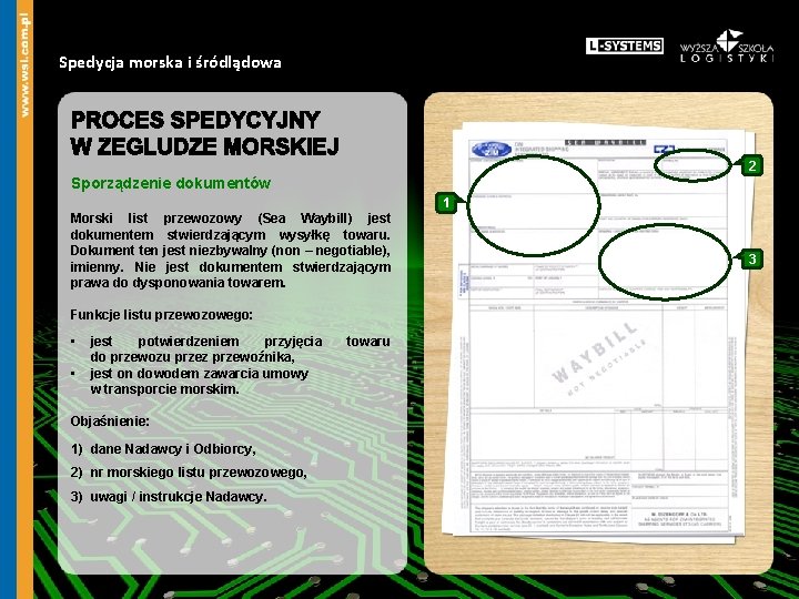 Spedycja morska i śródlądowa 2 Sporządzenie dokumentów 1 Morski list przewozowy (Sea Waybill) jest