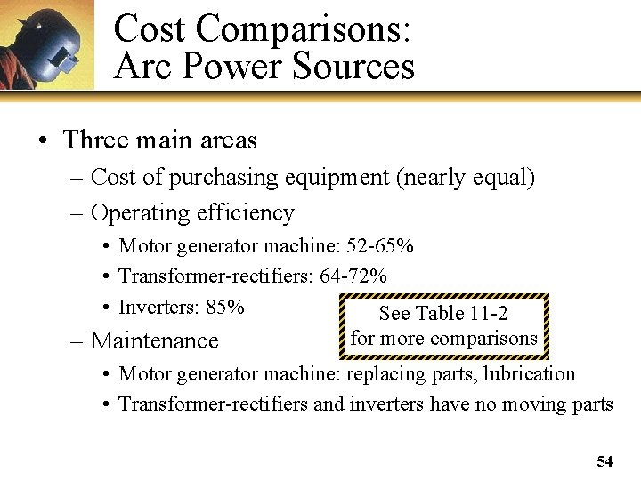 Cost Comparisons: Arc Power Sources • Three main areas – Cost of purchasing equipment