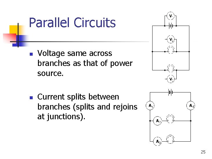 Parallel Circuits n n Voltage same across branches as that of power source. Current