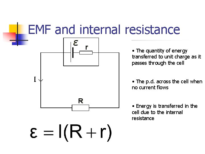 EMF and internal resistance • The quantity of energy transferred to unit charge as