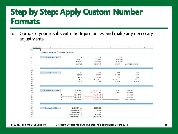 Step by Step: Apply Custom Number Formats 5. Compare your results with the figure