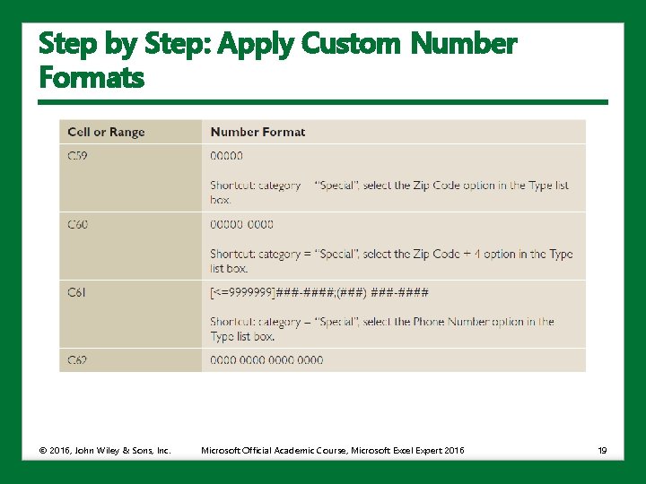 Step by Step: Apply Custom Number Formats © 2016, John Wiley & Sons, Inc.