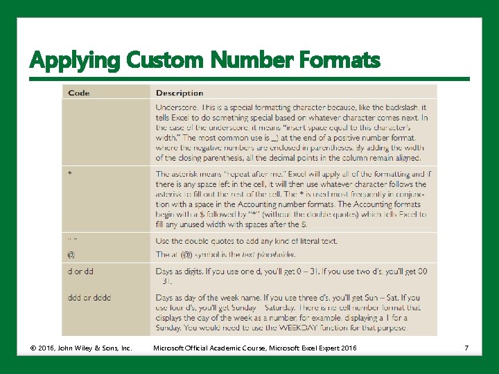 Applying Custom Number Formats © 2016, John Wiley & Sons, Inc. Microsoft Official Academic