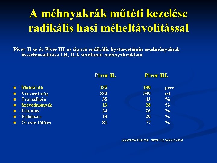 A méhnyakrák műtéti kezelése radikális hasi méheltávolítással Piver II-es és Piver III-as típusú radikális