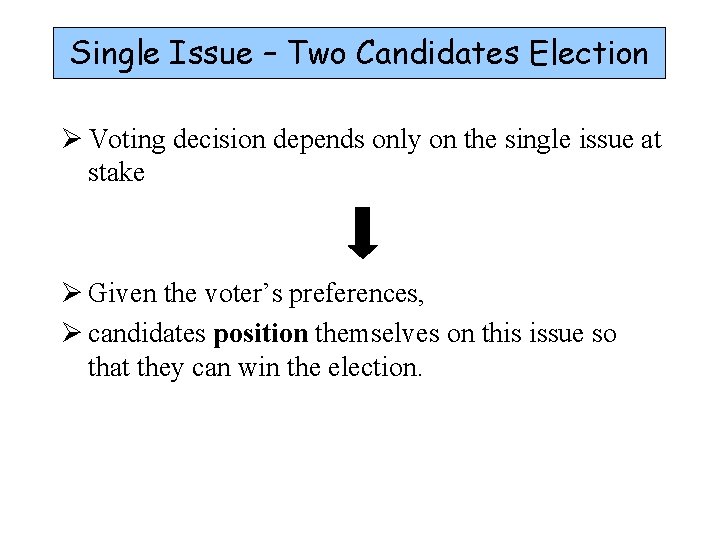 Single Issue – Two Candidates Election Ø Voting decision depends only on the single