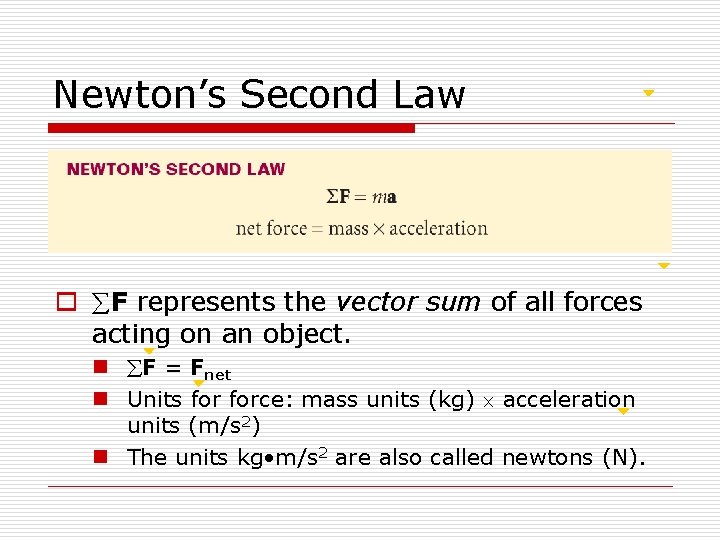 Newton’s Second Law o F represents the vector sum of all forces acting on