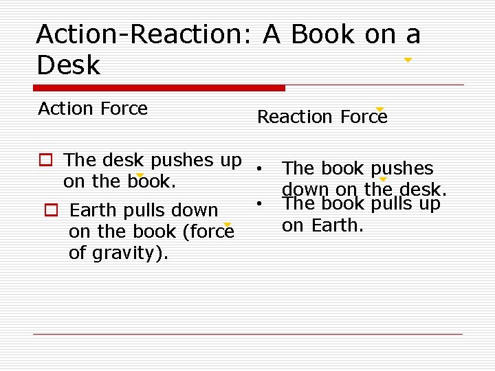 Action-Reaction: A Book on a Desk Action Force Reaction Force o The desk pushes