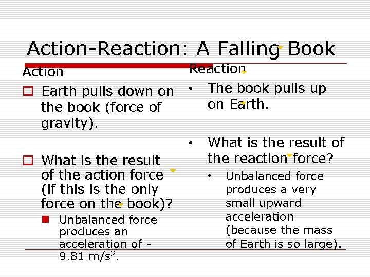Action-Reaction: A Falling Book Action o Earth pulls down on the book (force of